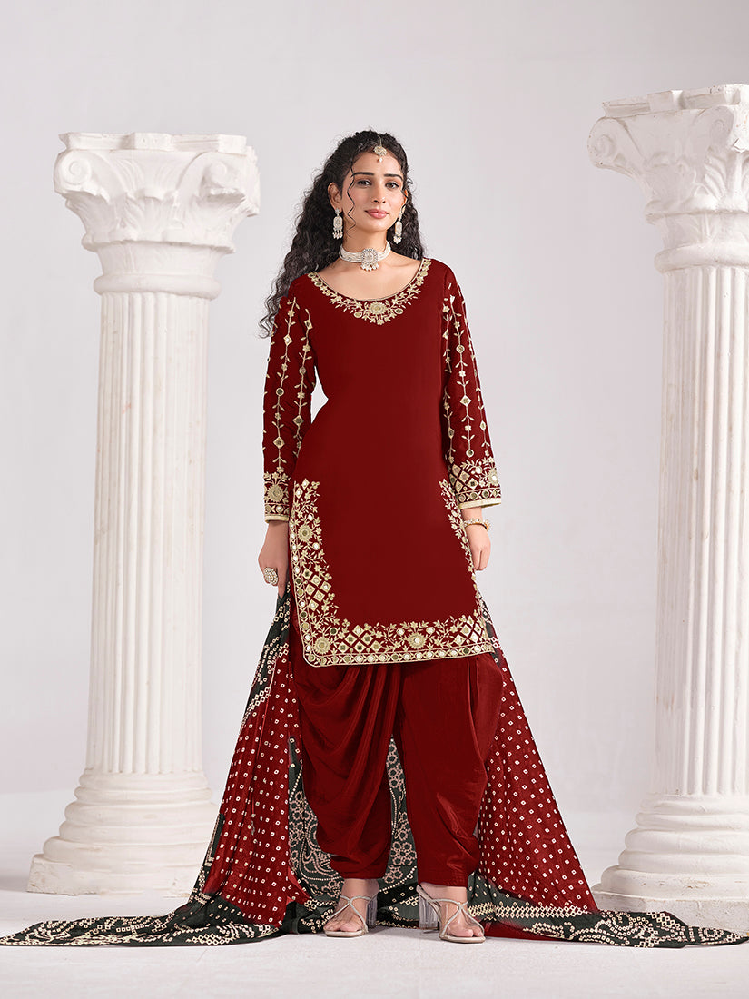 Monjolika Fashion Embroidered Chanderi Silk Maroon Mirror Work Salwar Kameez