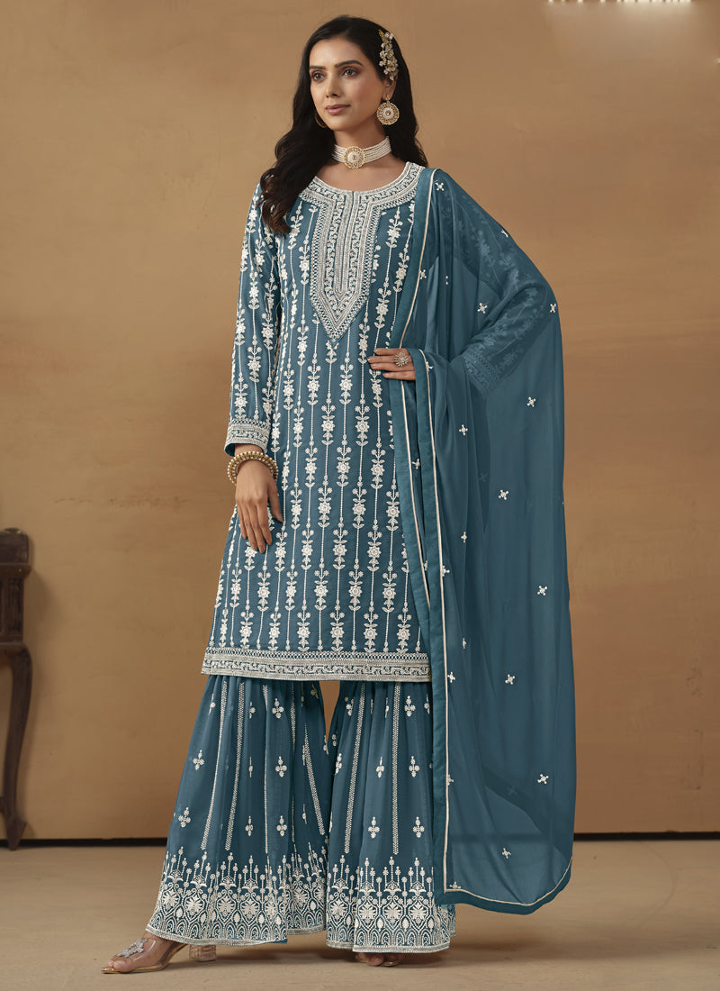 Vegaa Fashion Designer Grey Faux Georgette Embroidery Sharara Suit