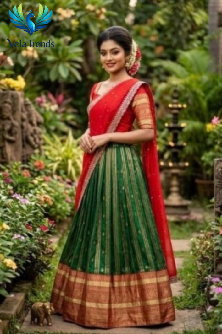 Traditional Green Kanjivaram Silk Lehenga With Rich Zari Border, Red Blouse & Dupatta - VHL018