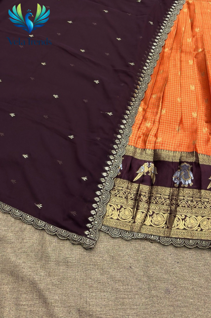 Traditional Orange Kanjivaram Silk Lehenga With Elephant Zari Border, Blouse & Wine Dupatta - VHL014