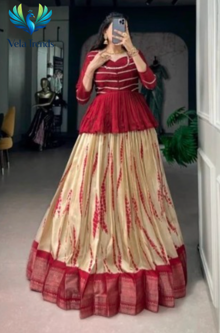 Elegant Cream & Maroon Silk Lehenga With Printed Design and Peplum Style Blouse - VHL015