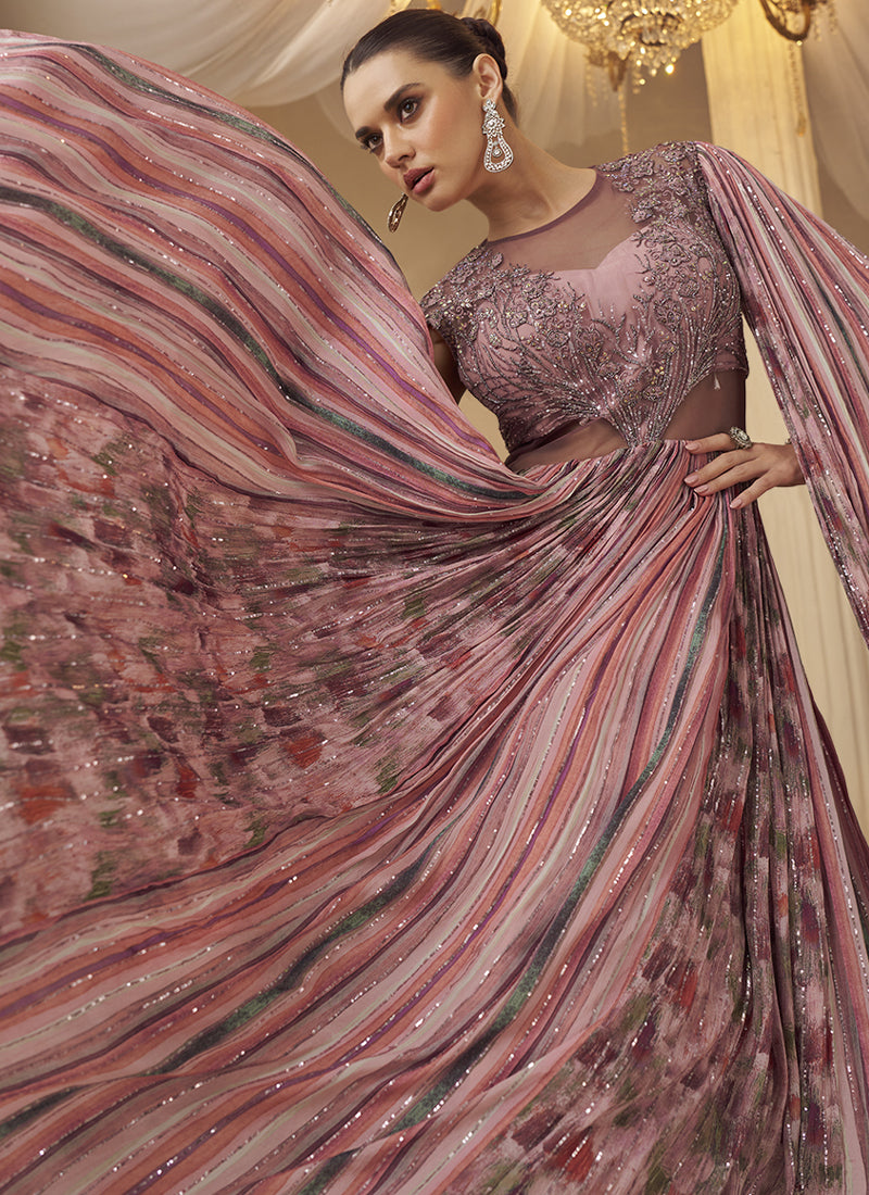 Vegaa Fashion Onion Pink Chinon Silk Embroidered Trendy Wedding Look Stylish Gown