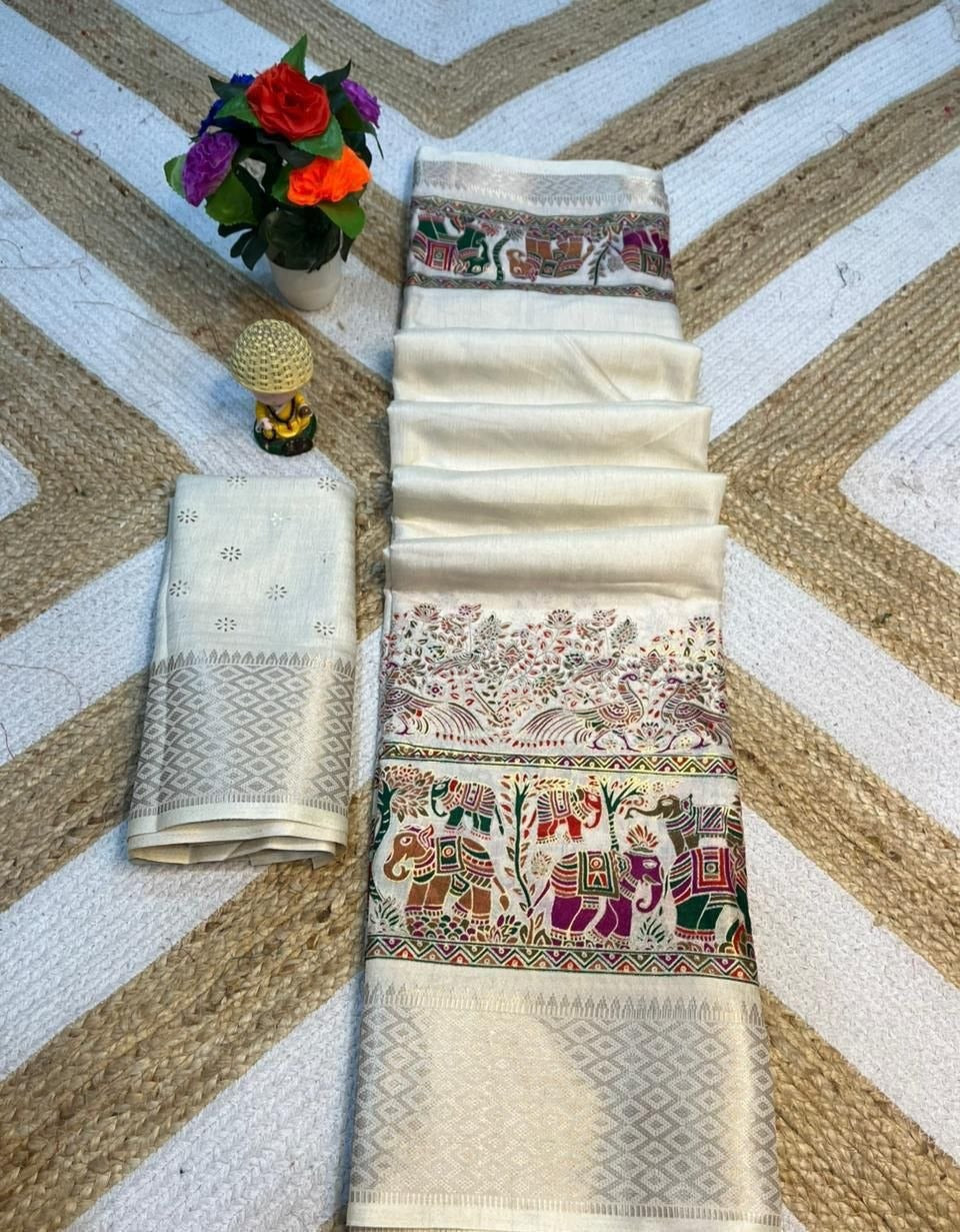 Fabric-Saree- Soft Dola Cotton silk Saree with print blouse - VSB061