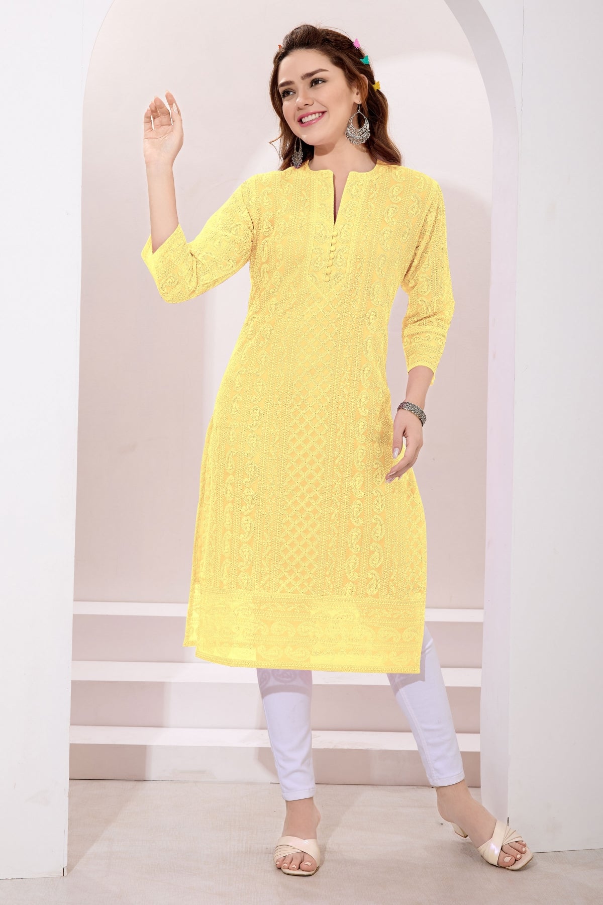 Mellow Yellow Fine Georgette Chickan Embroidery Kurta for Women