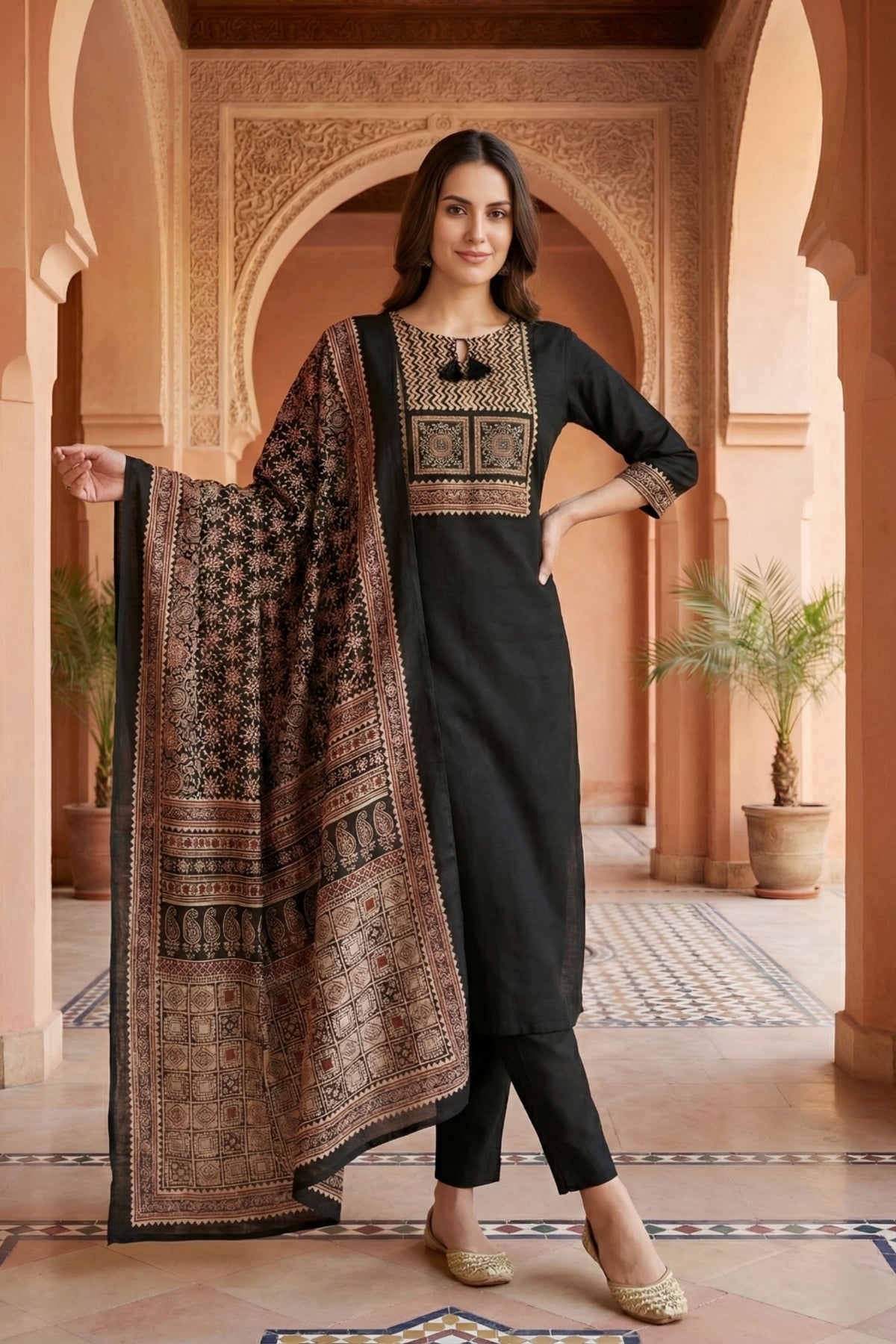 Black Jaipuri Cotton Kurta Pant Dupatta Set With Printed Yoke And Dupatta