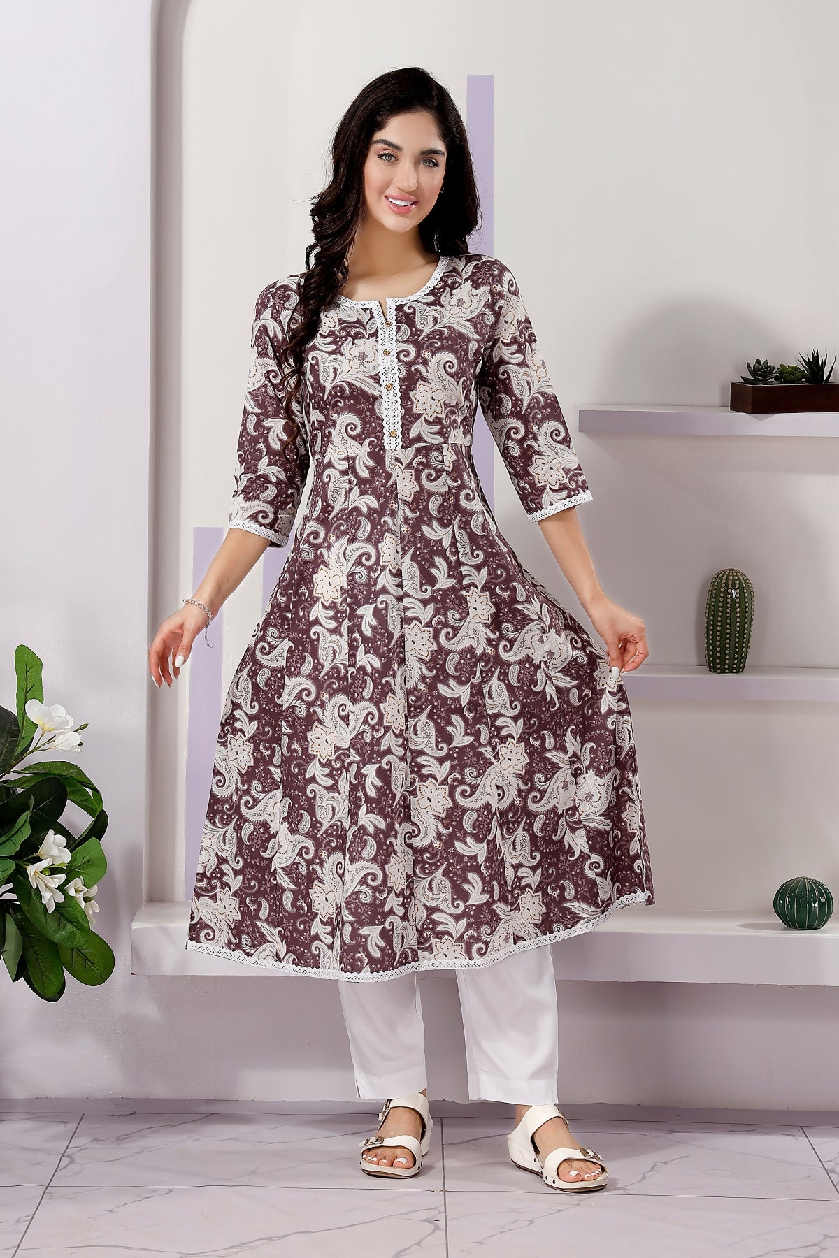 Stylish Brown Mix N Match Long Print Cotton Anarkali Kurti