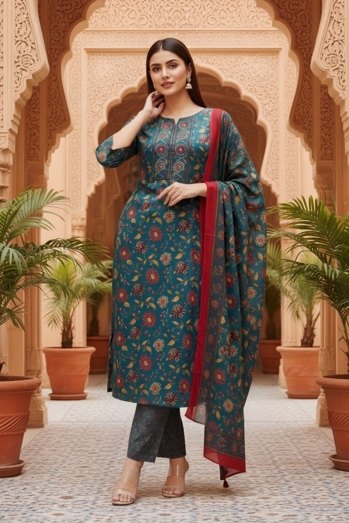 Rama Green Jaipuri Printed Cotton Kurta Pant Dupatta Set With Zari Work