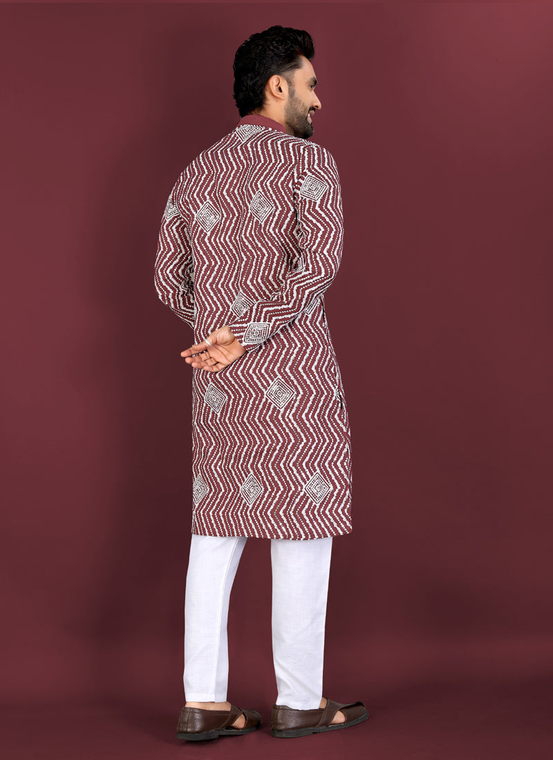 Prazu Fashion Maroon Soft Silk Unique Cross Pattern White Thread Embroidery With Silver Sequence Kurta