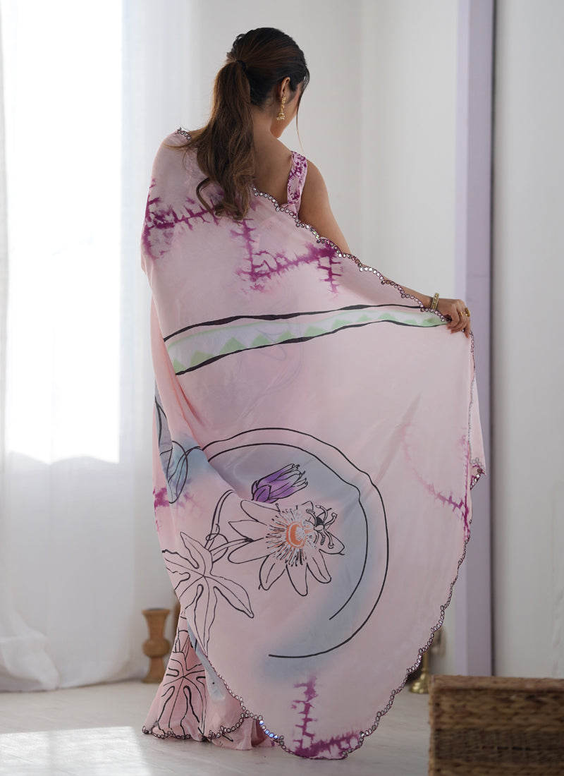Vegaa Fashion Baby Pink Chinon Silk Print Work With Mirror Work Border Designer Saree
