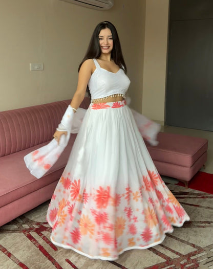 Lorenvalley Fashion White Georgette with Floral Print Design Lehenga Choli with Dupatta