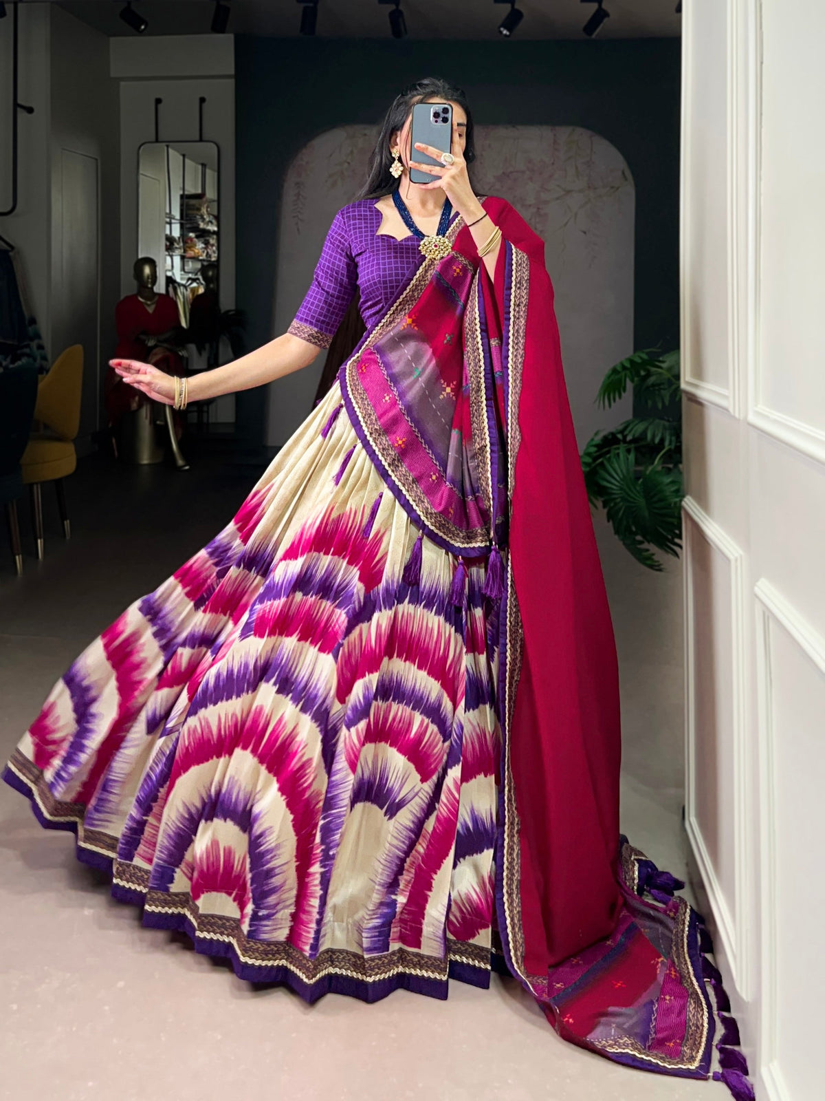 Lorenvalley Fashion Multicolor Tasar Silk Tie and Dye Print with Lace Touch Up Lehenga Choli with Dupatta