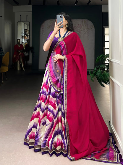 Lorenvalley Fashion Multicolor Tasar Silk Tie and Dye Print with Lace Touch Up Lehenga Choli with Dupatta