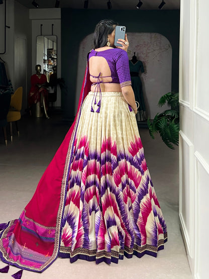 Lorenvalley Fashion Multicolor Tasar Silk Tie and Dye Print with Lace Touch Up Lehenga Choli with Dupatta