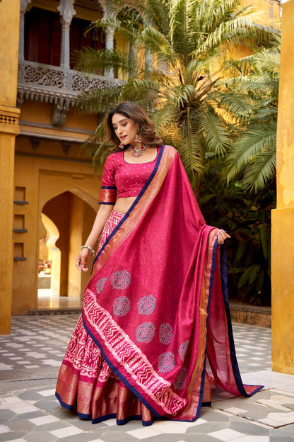 Lorenvalley Fashion Gajari Dola Silk Batik Print with Zari Weaving Work Lehenga Choli with Dupatta
