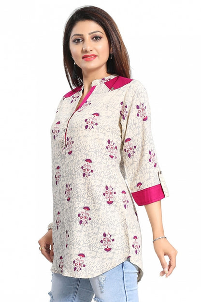 Exquisite Apparel Beige Rayon Cotton Short Tunic with Designer Sleeves