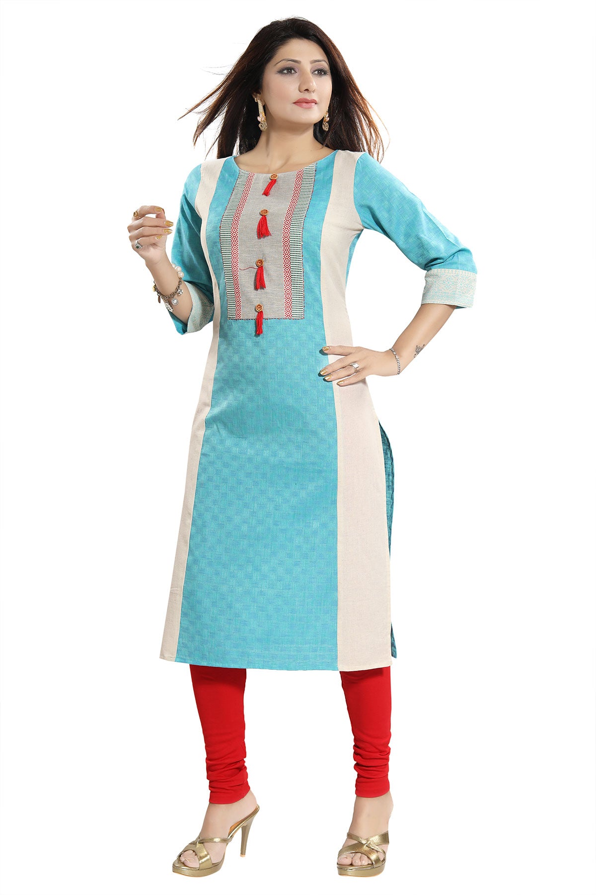 Tantalising T. Blue Textured Cotton Straight Tunic with Pom Pom Accessory