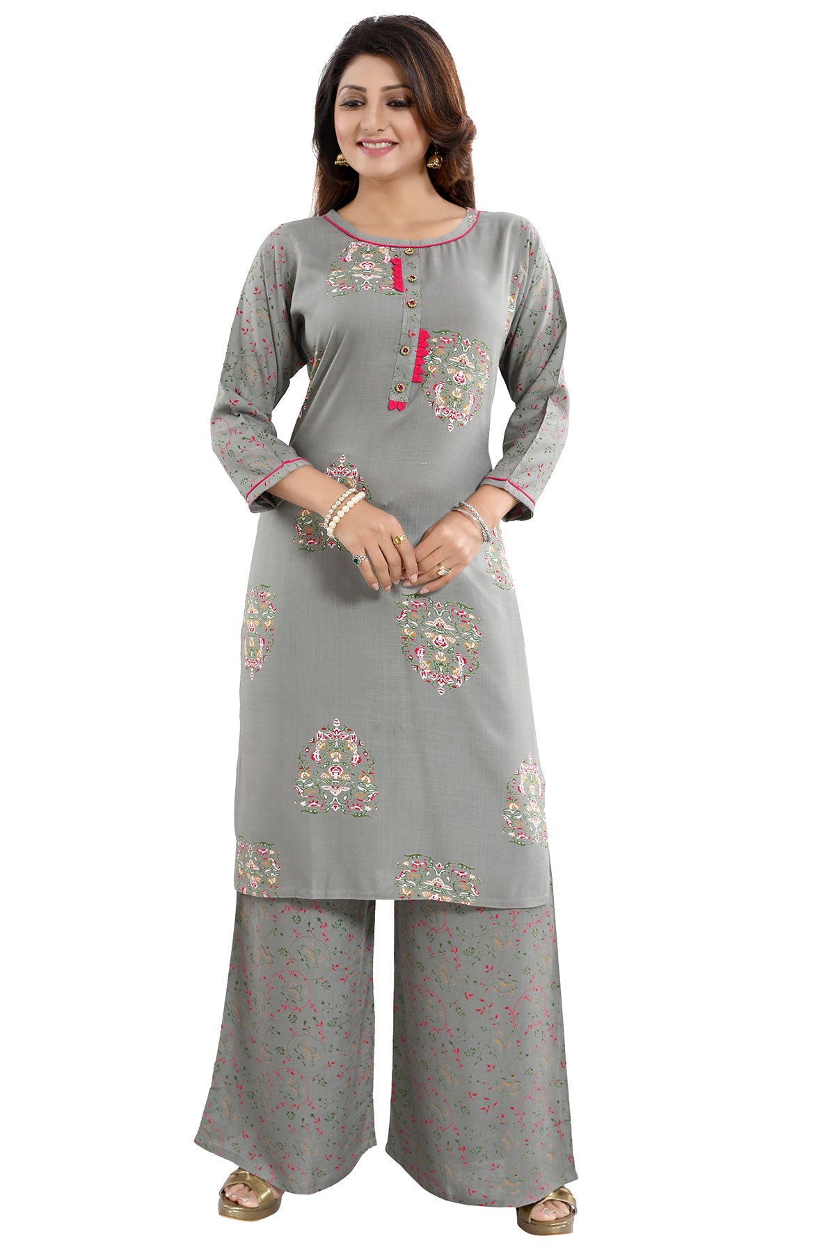 Pastel Dream Variyali Rayon Cotton Printed Kurta and Palazzo Set