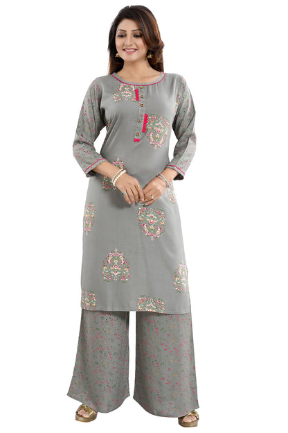 Pastel Dream Variyali Rayon Cotton Printed Kurta and Palazzo Set