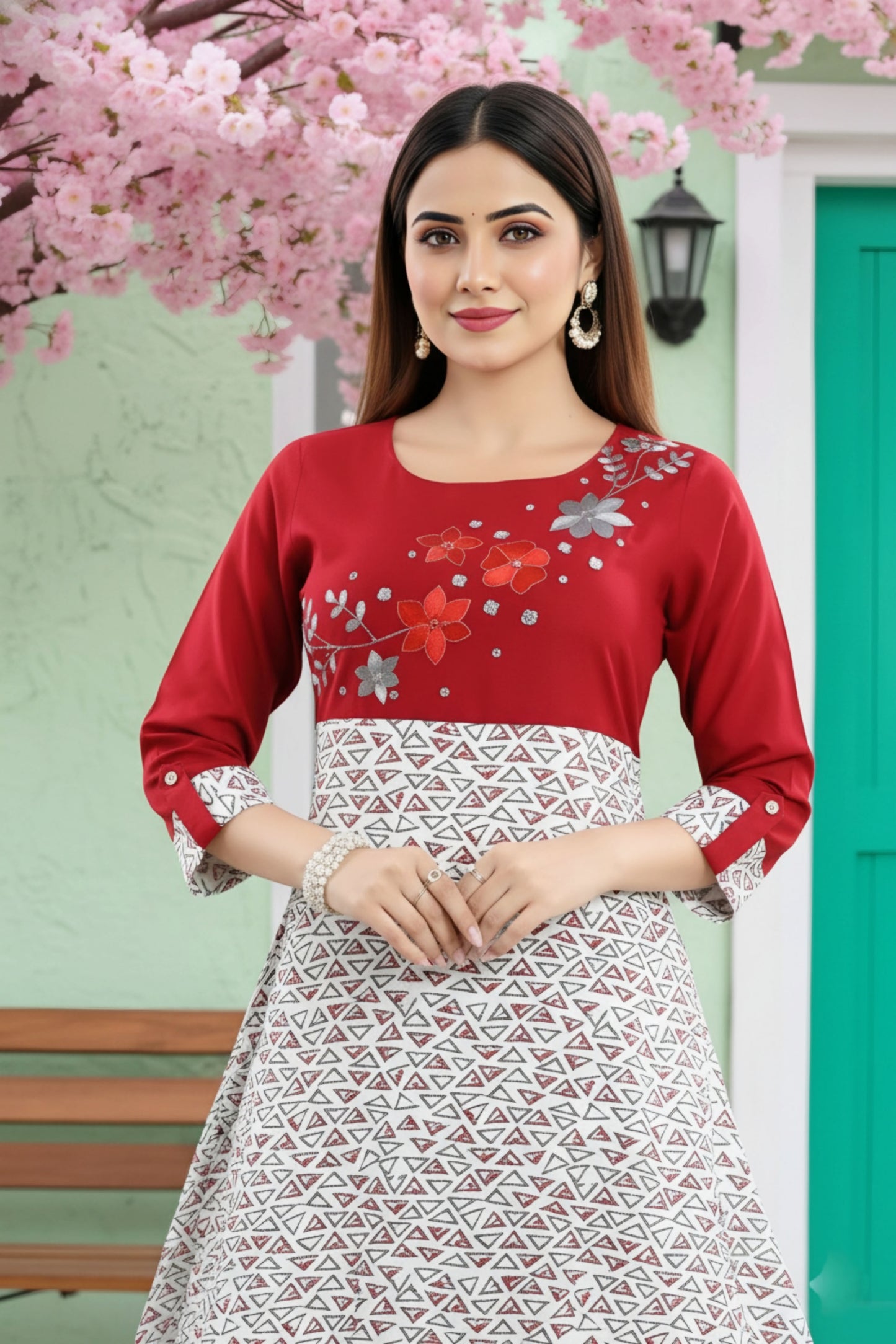 Magnificent Maroon Rayon Printed Flared Long Tunic with Floral Embroidery