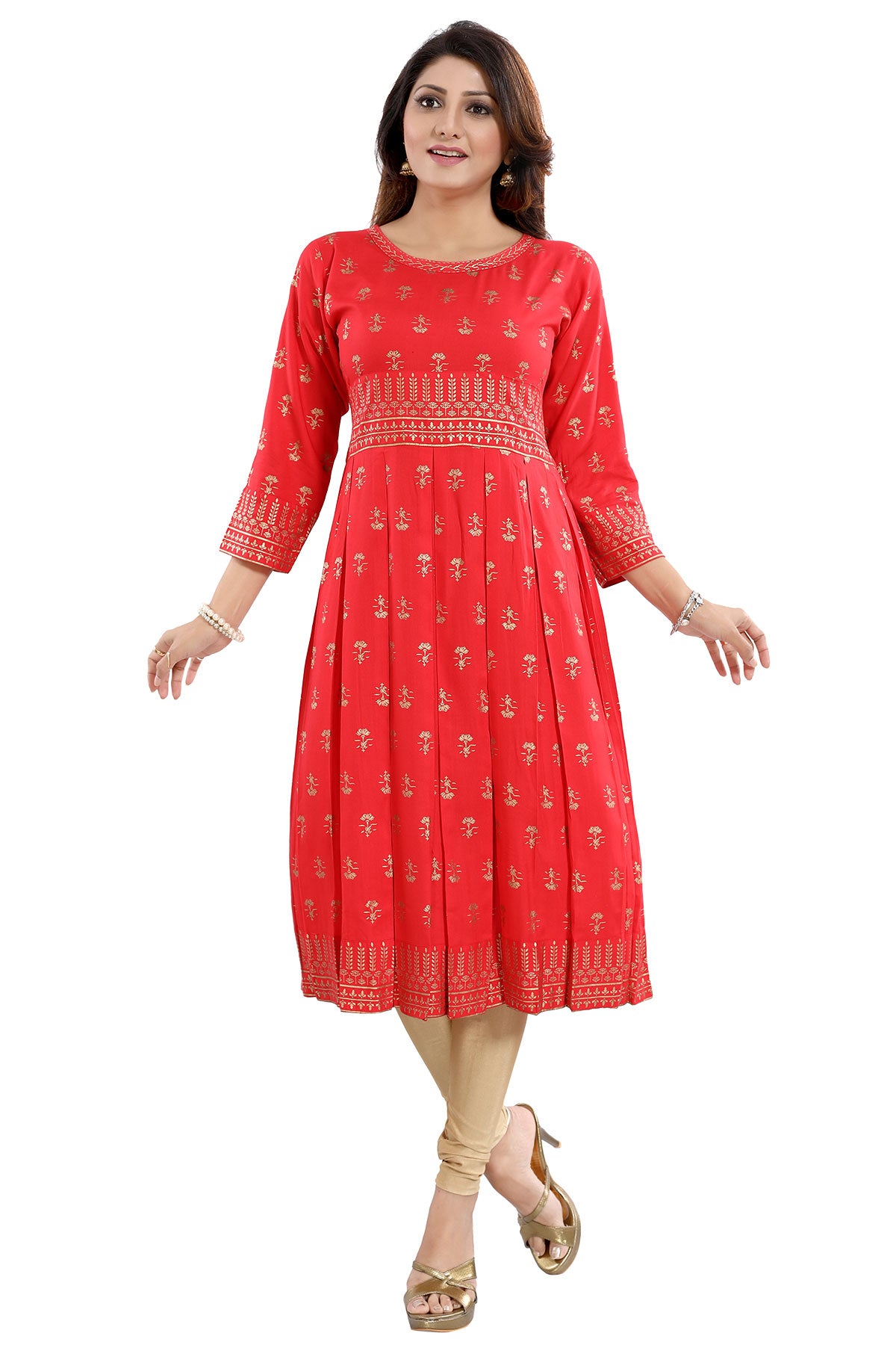 Flamboyant Red Rayon Printed Frock Style Tunic with Block Pleats