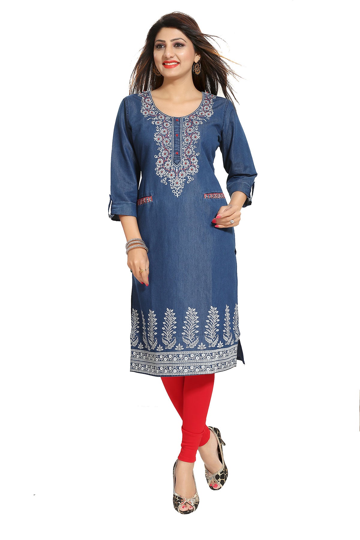 Denim Tunic with Pockets and Thread Work