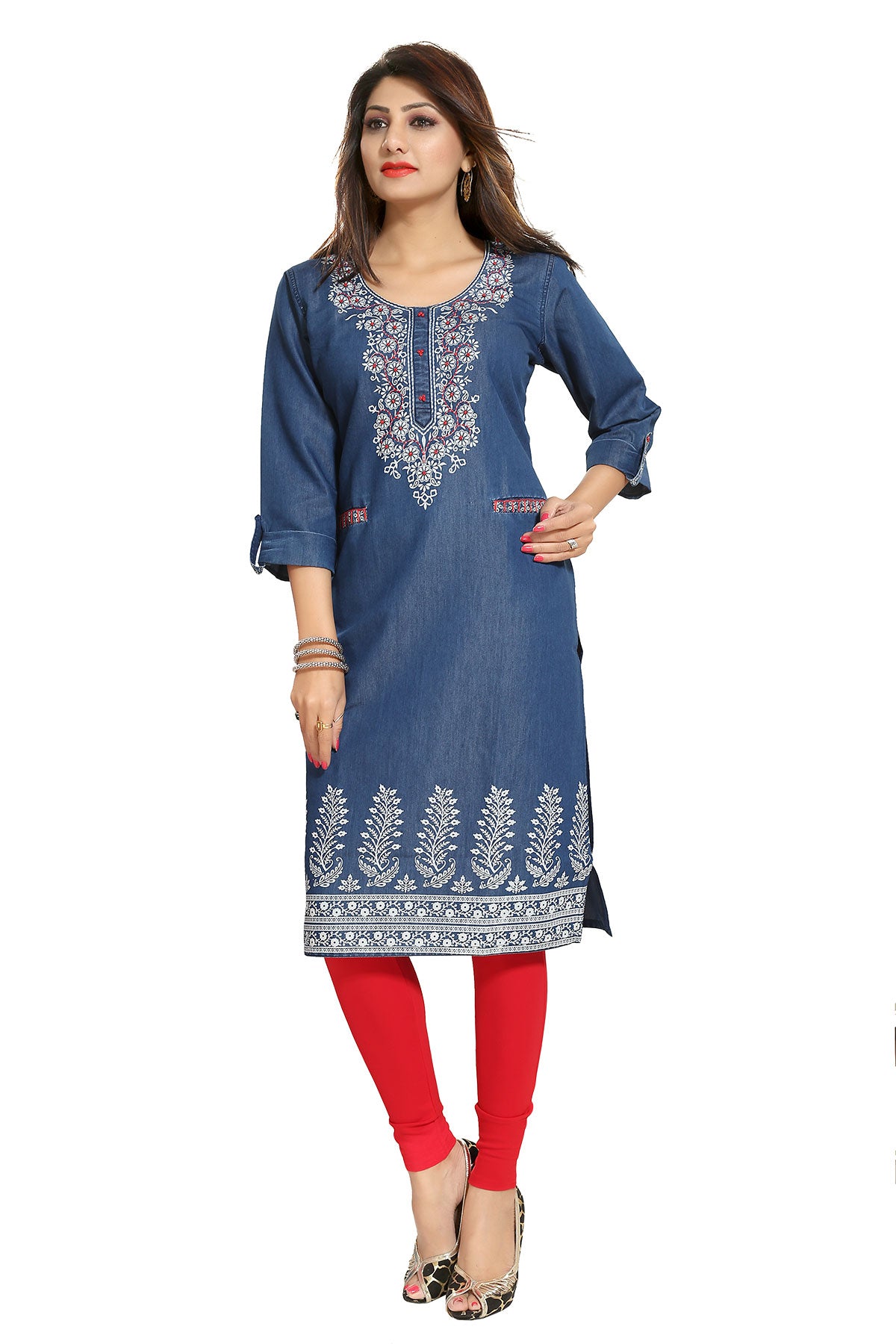 Denim Tunic with Pockets and Thread Work