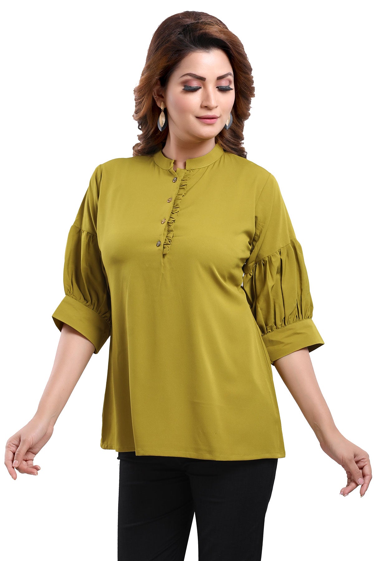 Green Poly Crepe Office Wear Short Tunic Top