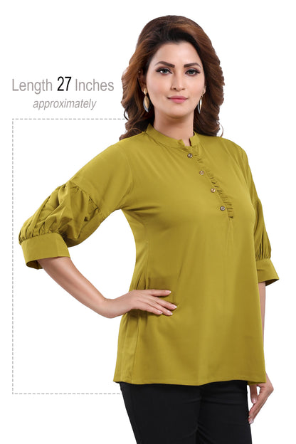 Green Poly Crepe Office Wear Short Tunic Top
