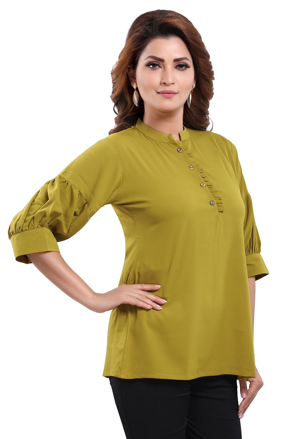Green Poly Crepe Office Wear Short Tunic Top