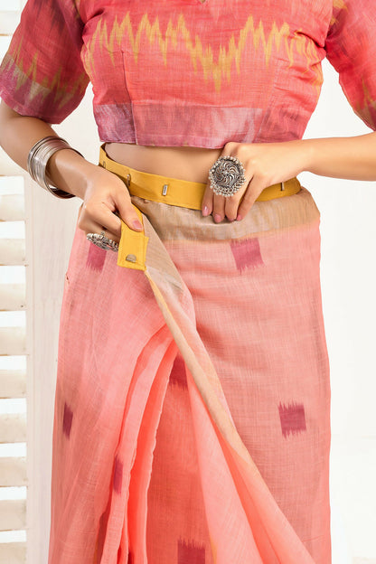 Joban Fashion Peach Ikkat Linen Ready To Wear Saree With Unstitched Blouse