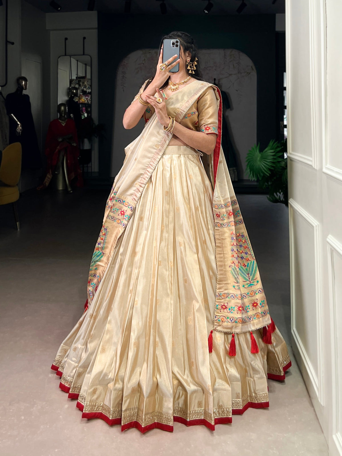 Lorenvalley Fashion Cream Shimmer Paithani Zari Weaving Work Lehenga Choli with Dupatta