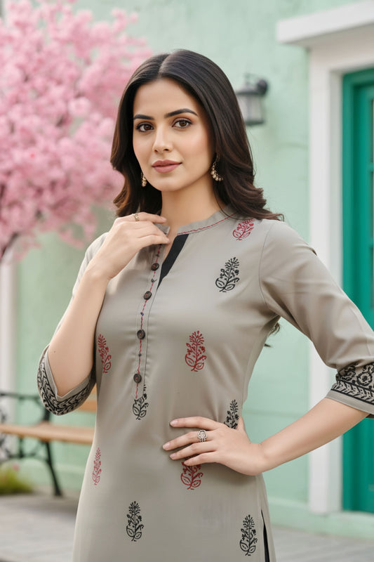 Grey Cotton Silk Block Print Long Kurta For Women