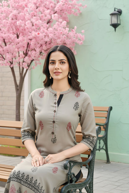 Grey Cotton Silk Block Print Long Kurta For Women