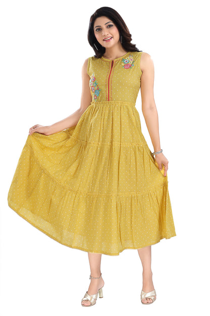 Yellow Flared Long Kurti With Embroidery Work