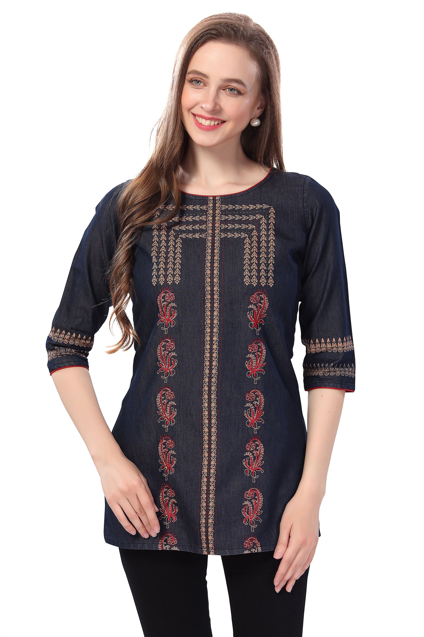 Denim Delight Short Tunic Featuring Color Wash Print and Thread Work