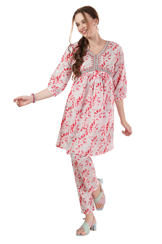 Designer White Leaf Print Cotton Co Ord Set