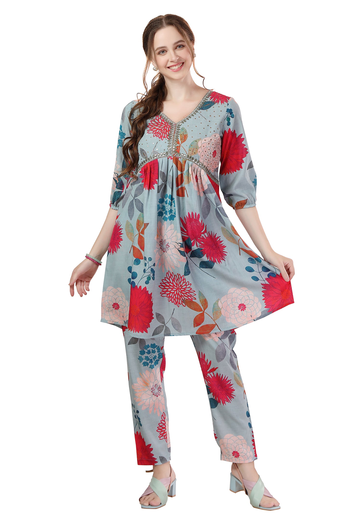 Ethnic Multicolor Flower Print Cotton Aliya Cut Co Ord Set