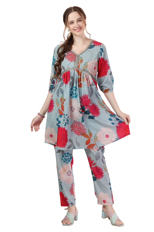 Ethnic Multicolor Flower Print Cotton Aliya Cut Co Ord Set