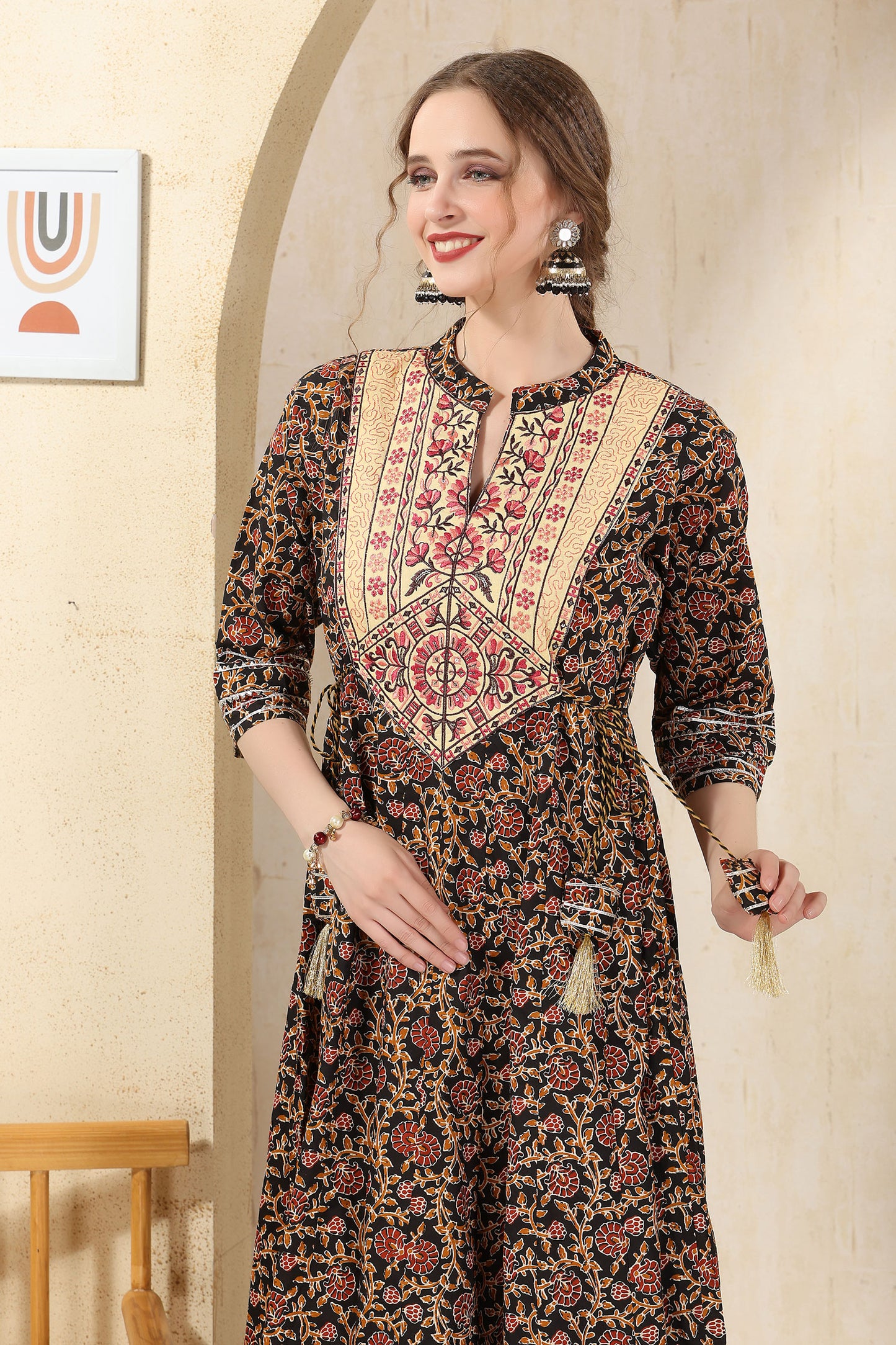 Black Cotton Paisely Print Anarkali With Embroidery Yoke and Tussles