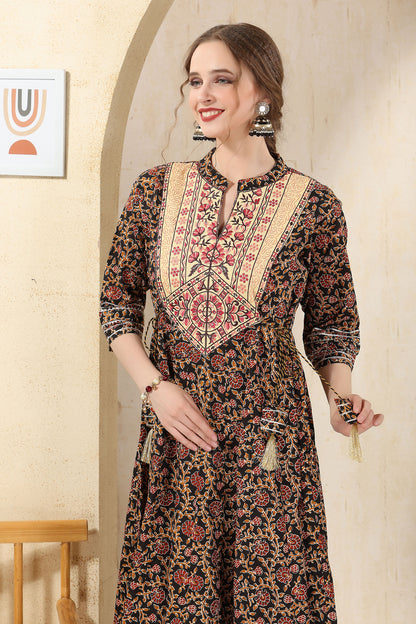 Black Cotton Paisely Print Anarkali With Embroidery Yoke and Tussles