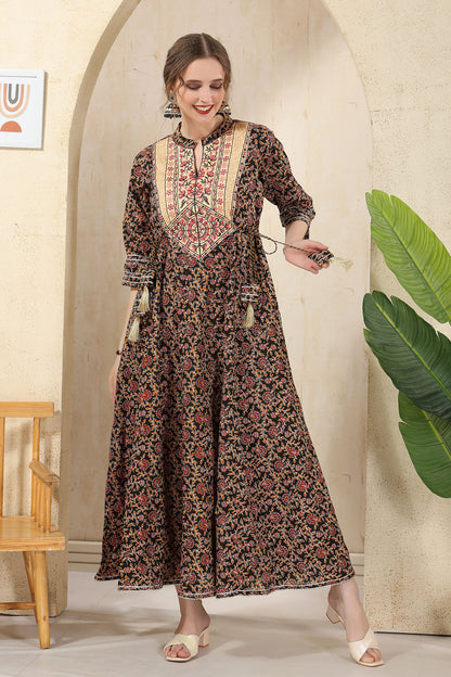 Black Cotton Paisely Print Anarkali With Embroidery Yoke and Tussles