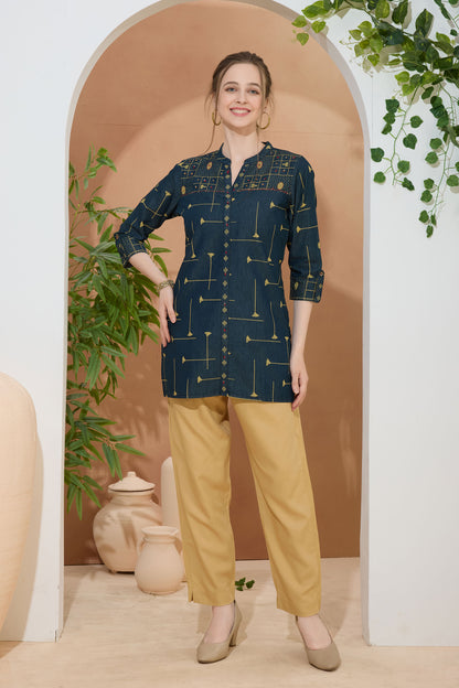 Fashion Forward Denim Tunic Hand Embroidery and Color Wash