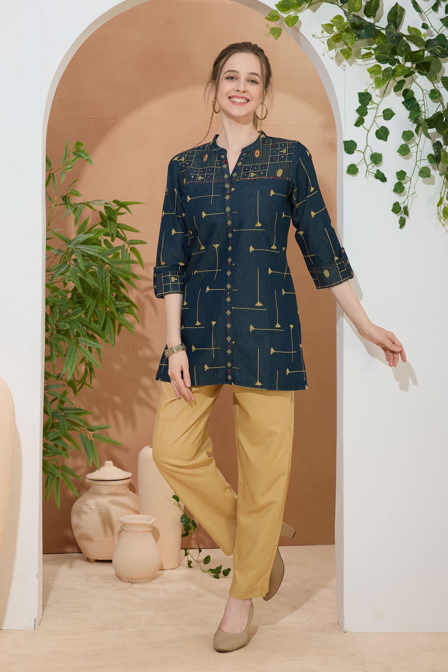 Fashion Forward Denim Tunic Hand Embroidery and Color Wash