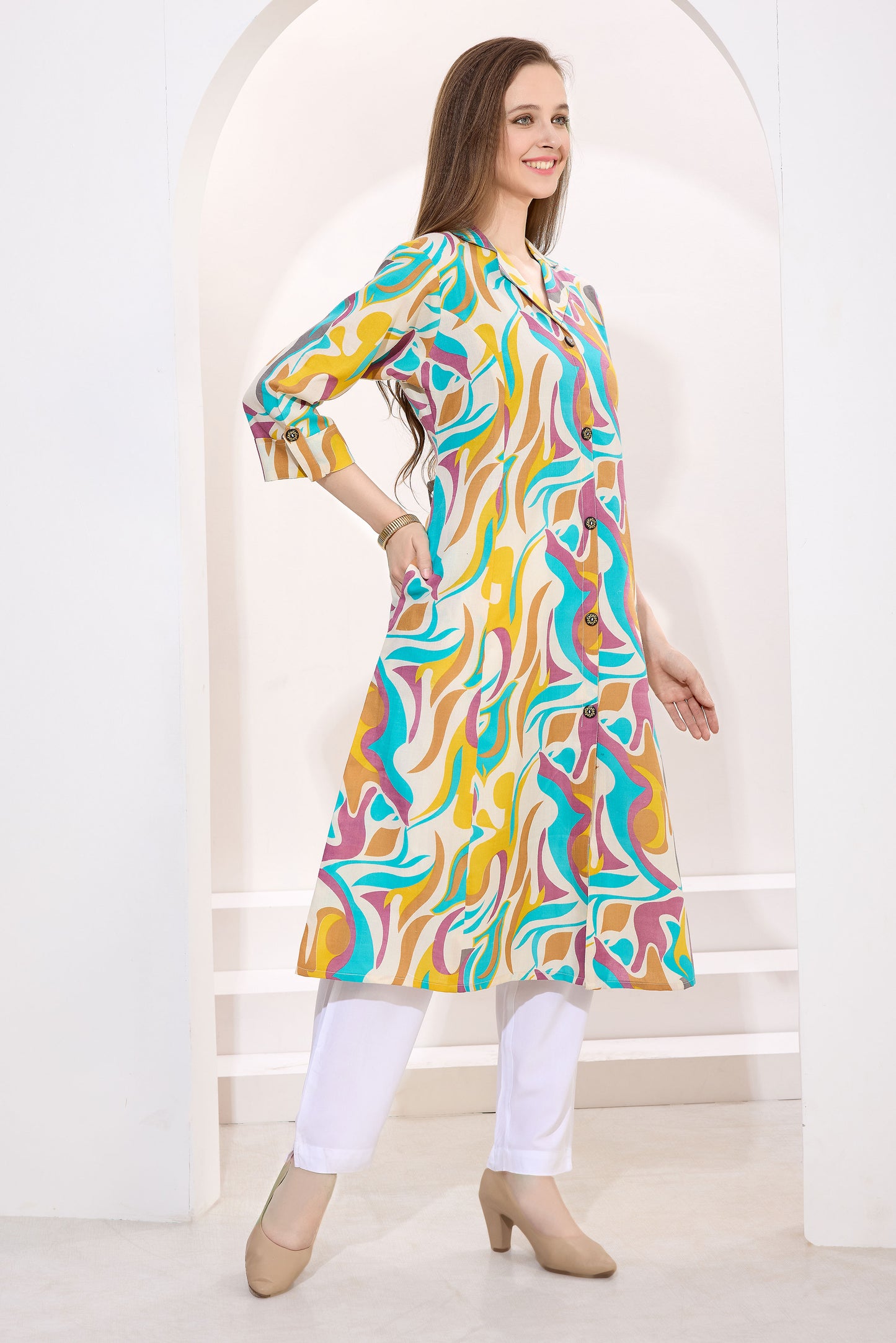 Multicolor Linen Cotton Princess Cut Long Kurta For Women