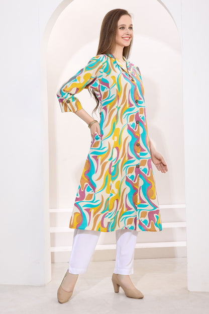 Multicolor Linen Cotton Princess Cut Long Kurta For Women