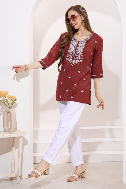 Brown PolySilk Kurti with Handcrafted Chikankari Embroidery