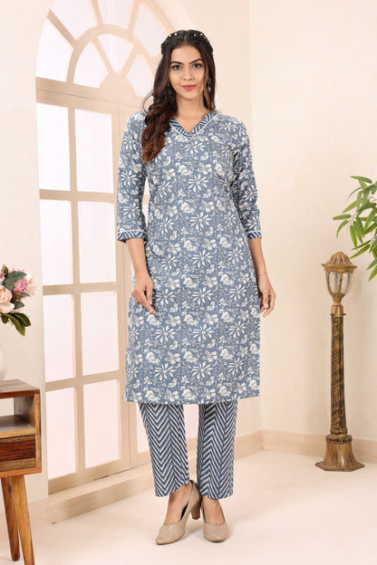 Grey V Neck Kurti Pant Suit For Women