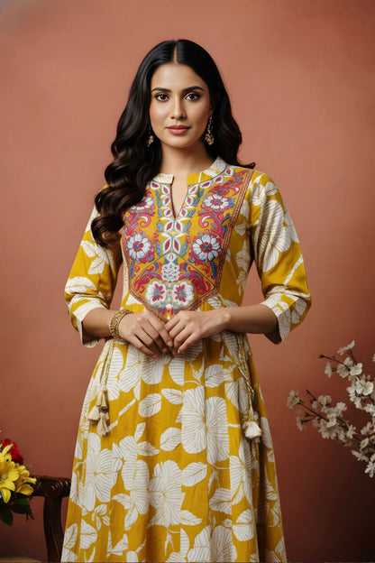 Mustard Magic Cotton Anarkali With Embroidery Yoke and Tussles
