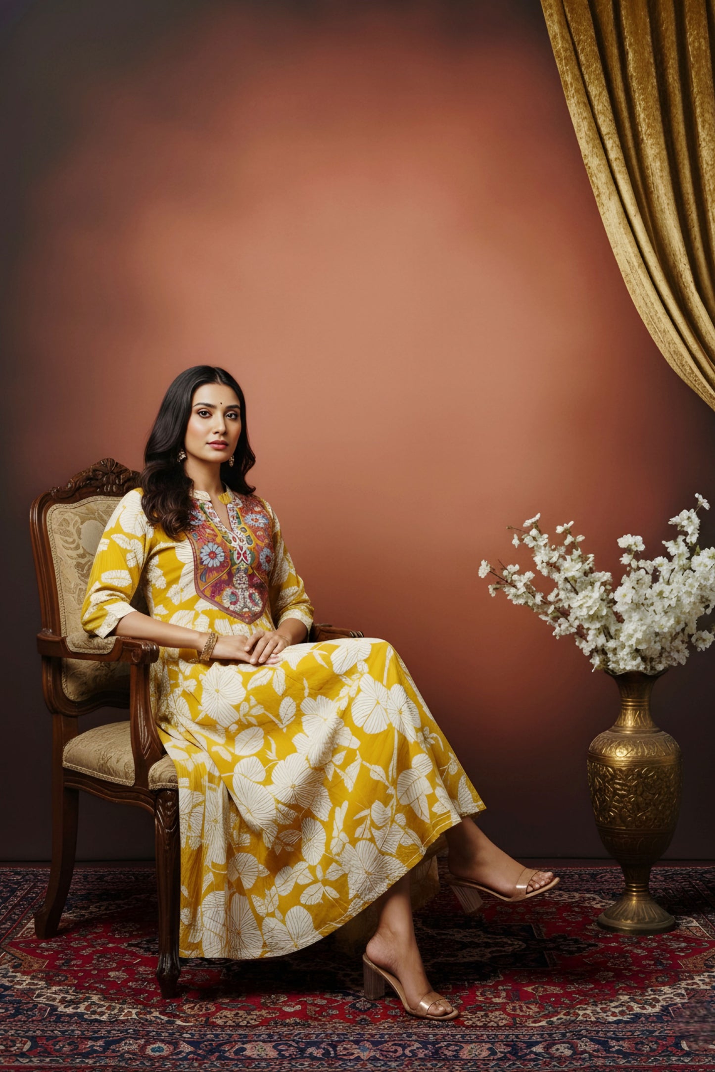 Mustard Magic Cotton Anarkali With Embroidery Yoke and Tussles