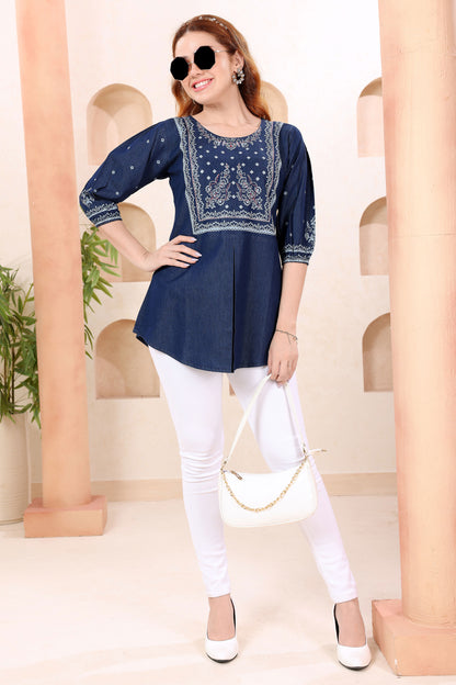 Trendy Round Neck Denim Tunic With Hand Embroidery